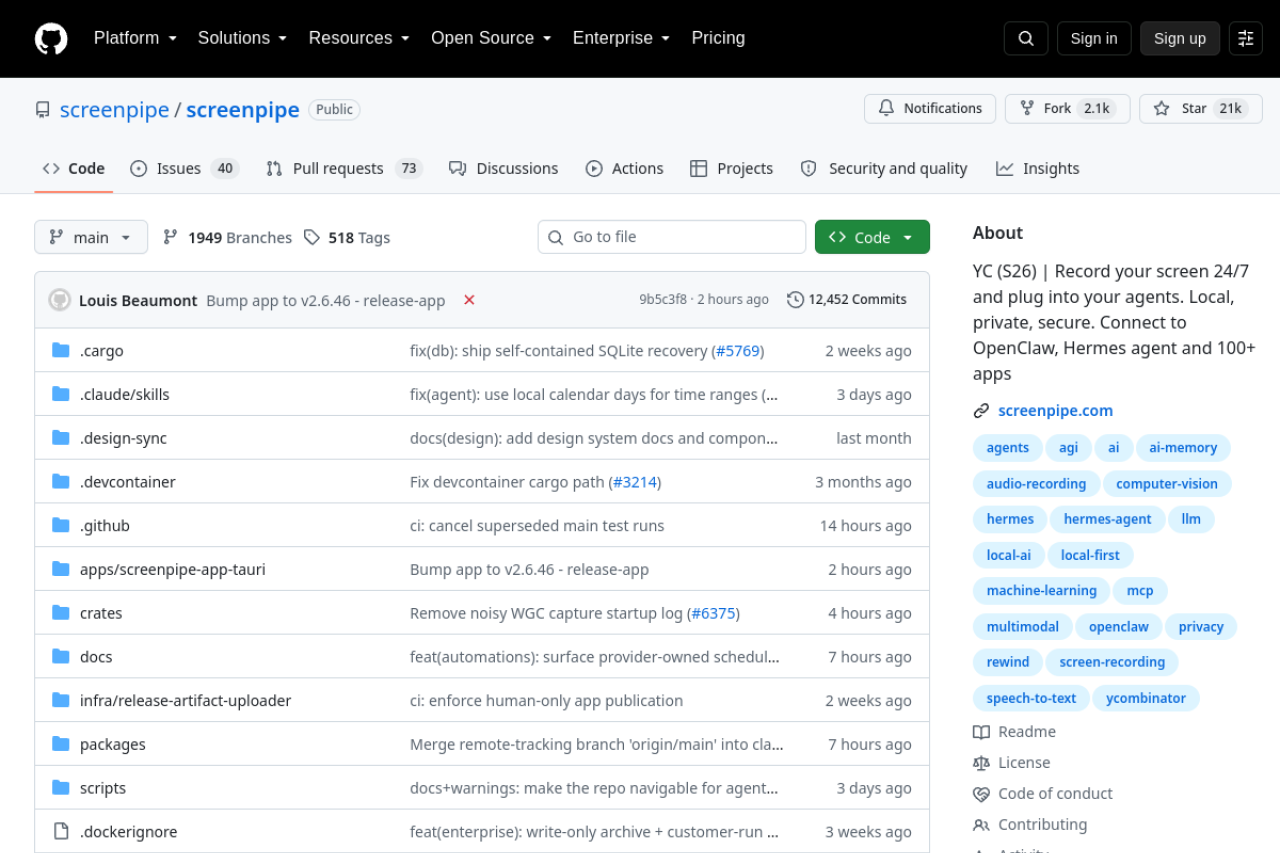Screenpipe screenshot 1